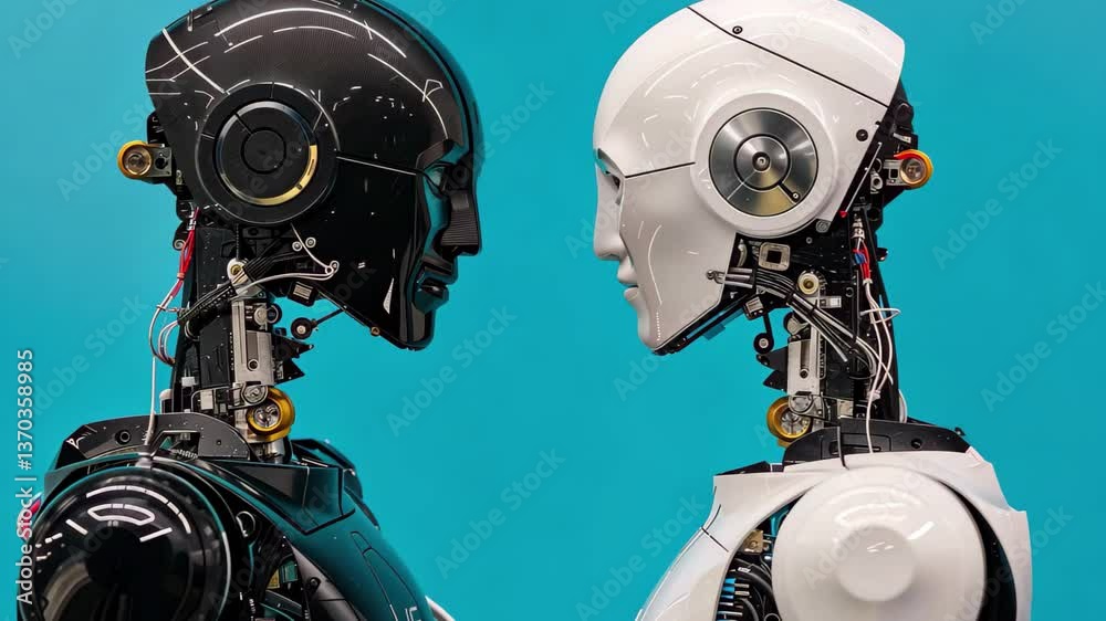 Poster two humanoid robots stand opposite each other, displaying intricate wiring and mechanical features, 