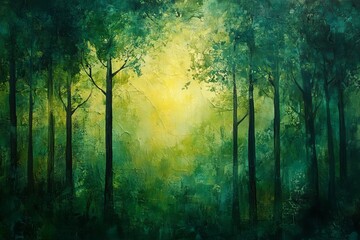 Obraz premium a painting of a mystical forest scene, featuring lush green trees and a radiant light in the center.