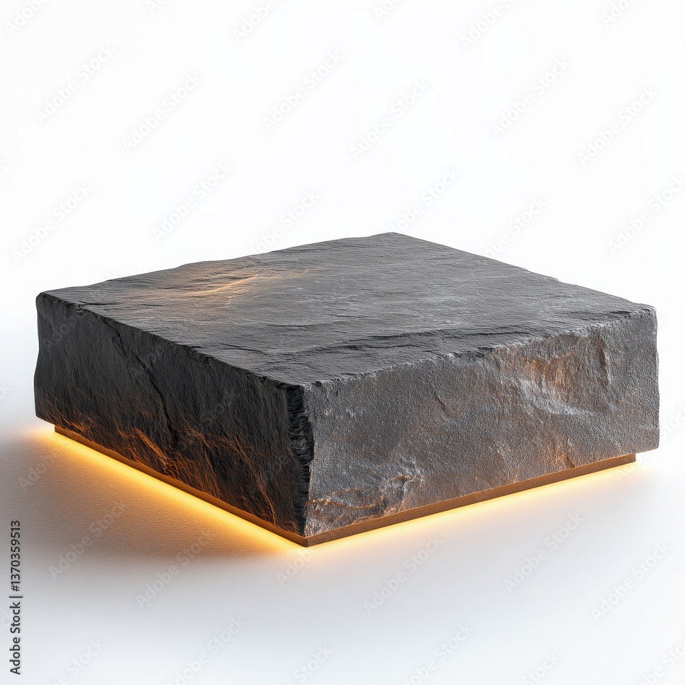 Poster Modern Square Stone Block with Ambient Light Base on White Background in Studio Setting