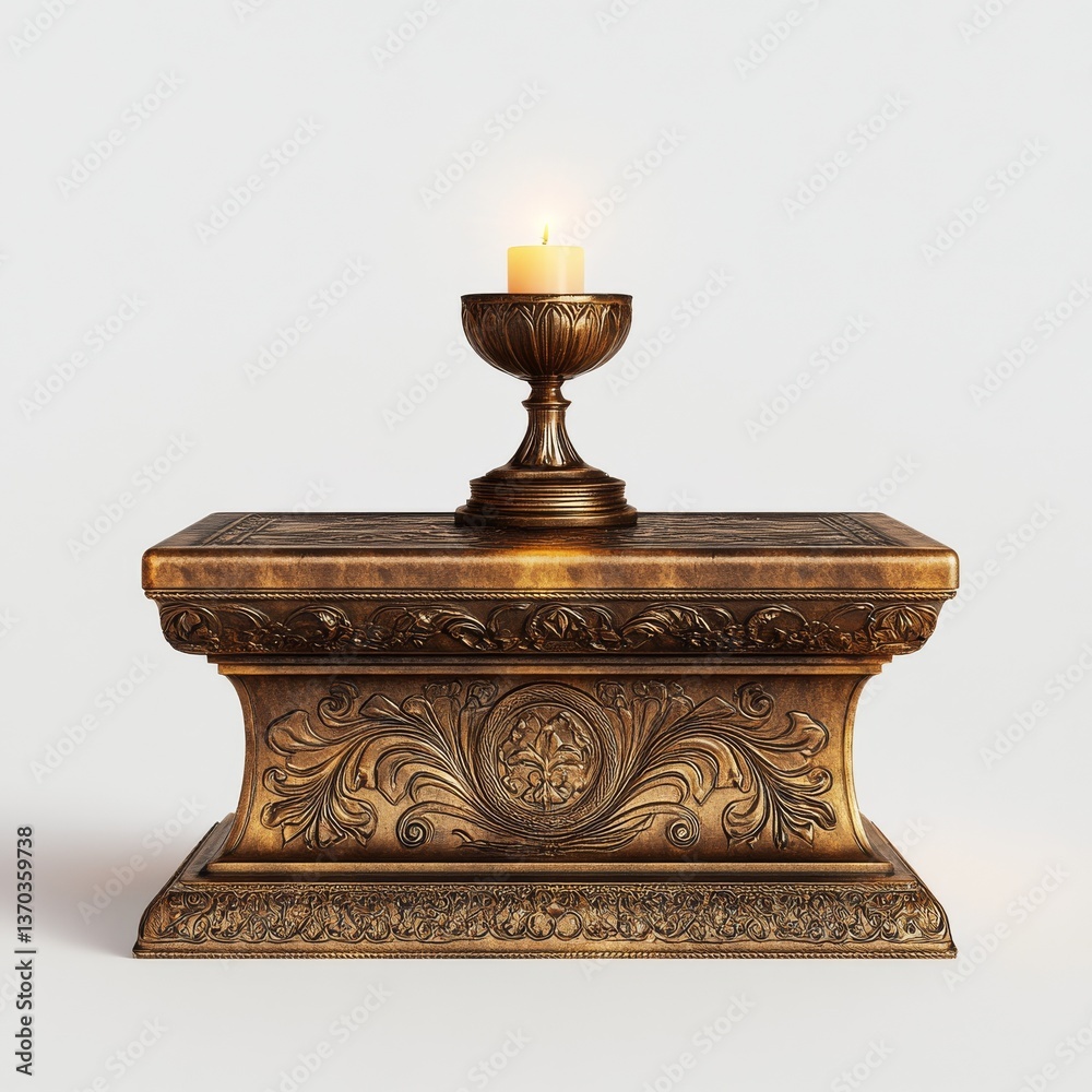 Aufkleber ornate altar with glowing candle: a study in classical bronze and luminescence against a white backg