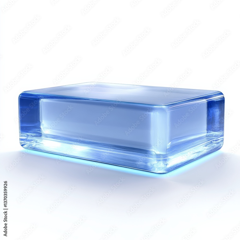 Poster rectangular prism of crystalline ice with smooth rounded edges and subtle light refractions, on a wh