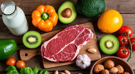 A fresh beef steak and variety of healthy foods arranged on a table.