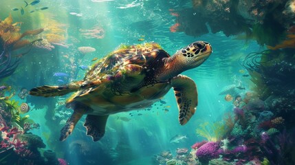 An ethereal Hawksbill Turtle gracefully gliding through a surreal seascape filled with floating islands each adorned with exotic flora and fauna the turtle's shell reflecting the vibrant colors of the