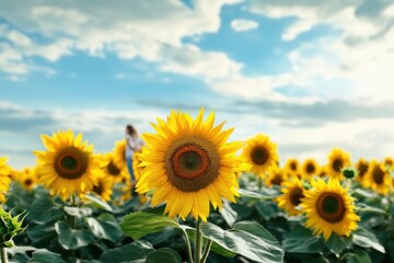 Obraz premium Vibrant sunflowers bloom under a cloudy sky in a vast field during daytime