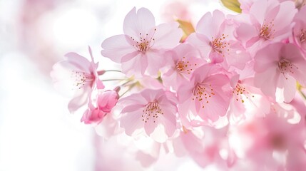 Fototapeta premium Pink cherry blossoms blooming on a white background, high-definition, high-resolution shots, the surreal beauty of delicate petals and fresh green leaves, a serene and idyllic view of spring.