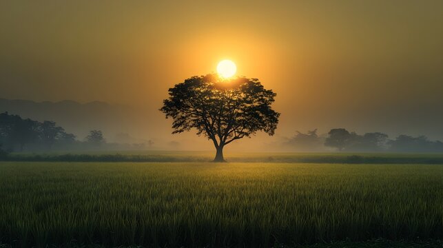A silhouette of a lone tree in the middle of a rice field, backlit by a glowing sun - Powered by Adobe