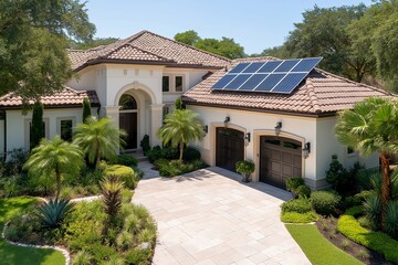 Modern Solar Panels on San Antonio Home Under Clear Blue Sky, Solar Power, Clean Energy, Sustainable Resources, Residential Solar Installation, Renewable Electricity Source