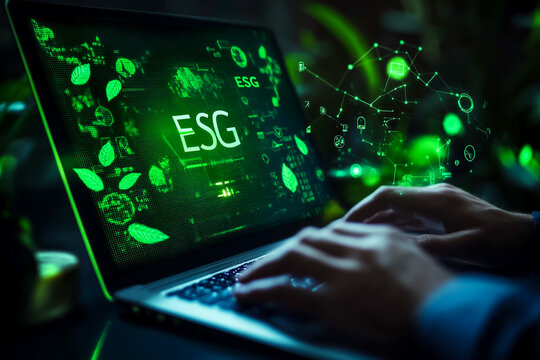 A businessman using a laptop with a green graph showing growth and the word ESG on a virtual screen, with environmental icons such as leaves or water drops replacing the ESG text - Powered by Adobe