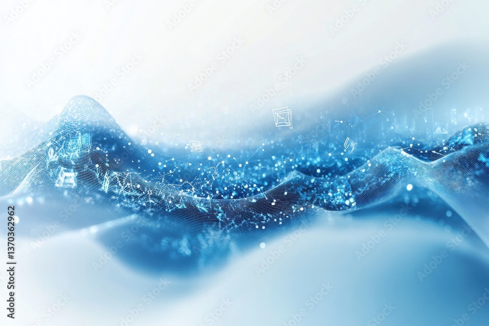 Leinwandbilder clean and modern digital waves with floating transaction icons in a sleek blue and white color schem