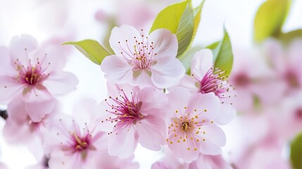 Fototapeta premium Pink cherry blossoms blooming on a white background, high-definition, high-resolution shots, the surreal beauty of delicate petals and fresh green leaves, a serene and idyllic view of spring.