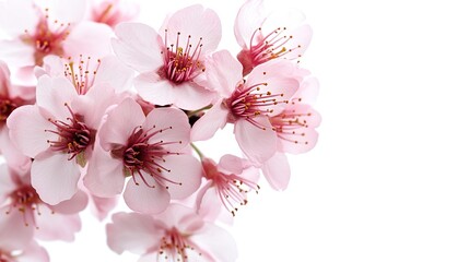 Pink cherry blossoms blooming on a white background, high-definition, high-resolution shots, the surreal beauty of delicate petals and fresh green leaves, a serene and idyllic view of spring.