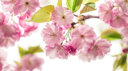 Naklejka premium Pink cherry blossoms blooming on a white background, high-definition, high-resolution shots, the surreal beauty of delicate petals and fresh green leaves, a serene and idyllic view of spring.