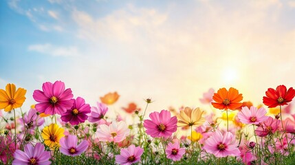 Obraz premium Blooming flowers in a vibrant field sunrise landscape nature photography serene environment captivating viewpoint