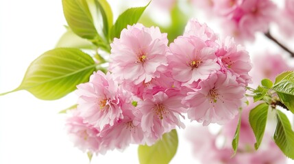 Pink cherry blossoms blooming on a white background, high-definition, high-resolution shots, the surreal beauty of delicate petals and fresh green leaves, a serene and idyllic view of spring.