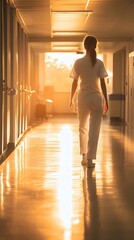 Nurse walking hospital corridor sunlight