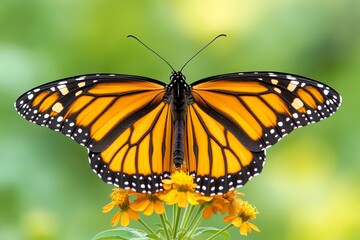 Naklejka premium Close-Up of Monarch Butterfly on Blooming Wildflower, Butterfly with Fully Spread Wings on Flower, Macro Photography of Monarch Butterfly, Nature Close-Up, Spring Floral Beauty