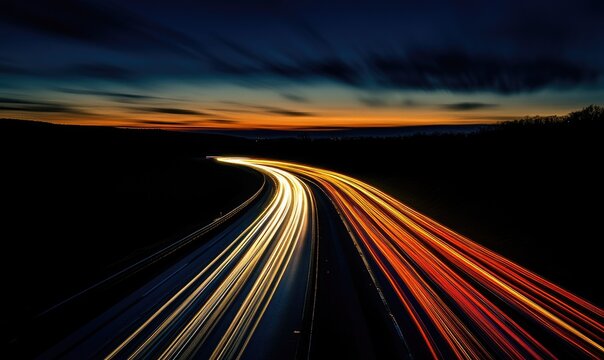 Night Highway Sunset Streaked Light Trails