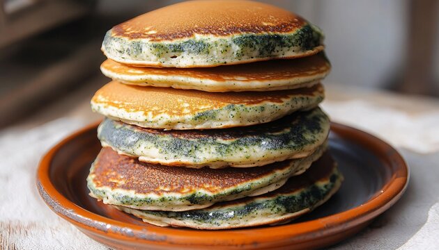 Moldy pancakes with green and white spots piled high, showcasing the unfortunate reality of spoiled food. - Powered by Adobe