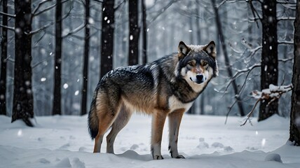 Fototapeta premium A lone wolf stands in a snowy forest, snowflakes gently falling around, its piercing gaze exuding strength and mystery. A perfect scene for wildlife and winter themes.