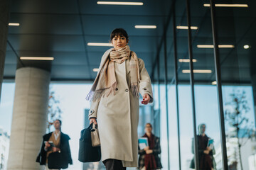 Professional woman dressed in stylish attire walking confidently in an urban business setting, carrying office materials. Reflects determination, focus, and the dynamic spirit of a modern professional