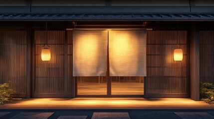Traditional Japanese restaurant facade at night.  Warm lighting highlights the entrance with wooden doors and shoji screens.  Soft, neutral colors create a serene ambiance