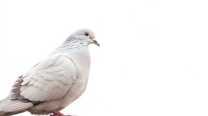 Obraz premium A beautiful white pigeon with a hint of gray on its wings is perched on a branch, looking to the right of the frame.
