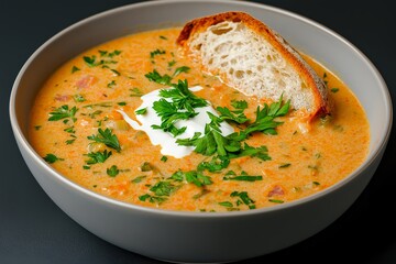 Freshly Made Carrot and Ginger Soup with Coconut Cream Swirl, Garnished with Fresh Parsley, Served with Whole-Grain Bread, Healthy Soup, Vegan Soup, Comfort Food, Vegetarian Meal