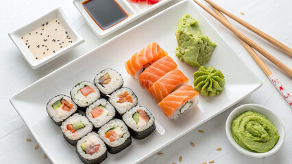Sushi and rolls, on a white rectangular plate, with sauces, on a white background