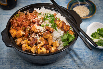 Vegan scattered tofu and vegetables on Japanese sushi rice