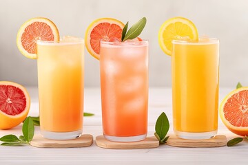 Freshly Squeezed Citrus Juice Trio - Orange, Grapefruit, and Lemon Juices in Glasses with Citrus Garnishes on Light Wooden Surface, Refreshing Drink, Healthy Beverage, Vitamin C Boost