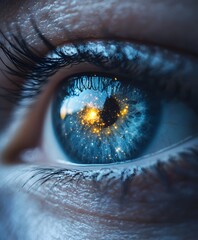 Naklejka premium Glimpse into Infinity: A close-up shot of an eye, its blue iris reflecting a galaxy of stars, conveys a sense of boundless vision and cosmic wonder.
