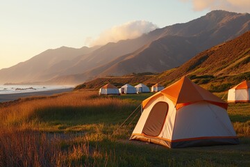 Camping adventure on the coast pacific ocean nature photography serene environment dusk view outdoor lifestyle