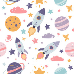 Seamless vector pattern with cosmic elements on a white background. Features planets, stars, rockets, and comets in pink, purple, blue, and orange tones. Perfect for kids' designs, textiles, prints