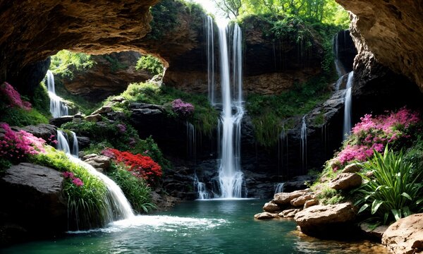 Golden sunrise over a hidden waterfall in a scenic spring meadow – Tranquil nature retreat with soft morning mist and lush greenery - Powered by Adobe