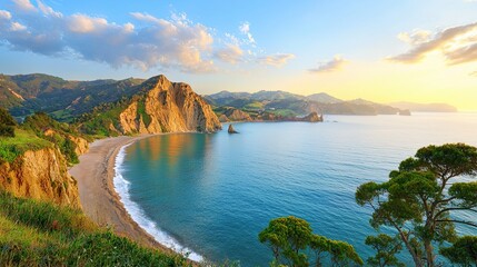 Obraz premium Sunset over coastal cliffs beach viewpoint scenic nature landscape tranquil environment