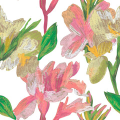 Сanna flowers wax crayons wax crayon seamless pattern on white isolated background. Textural and botanical repeating pattern. Spring Asian Flowers design for textiles, wrapping paper and wallpaper.