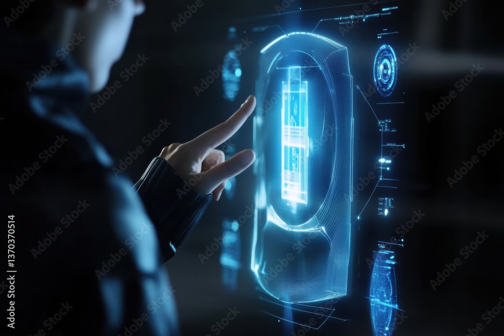 Poster person interacts with holographic interface for online purchasing, using modern smart technology in 