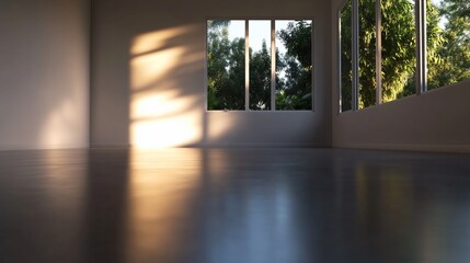 Fototapeta premium Sunlit modern minimalist interior space with nature view through large windows