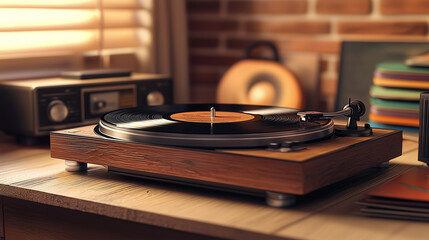 Illustration vintage d&eacute;taill&eacute;e d&rsquo;une platine vinyle en ambiance r&eacute;tro
