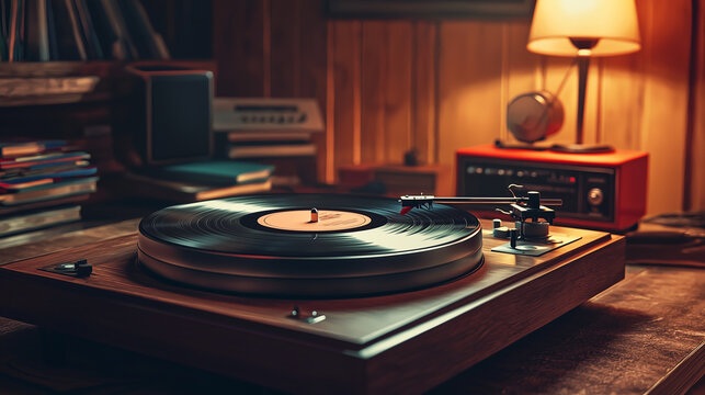 Illustration vintage d&eacute;taill&eacute;e d&rsquo;une platine vinyle en ambiance r&eacute;tro