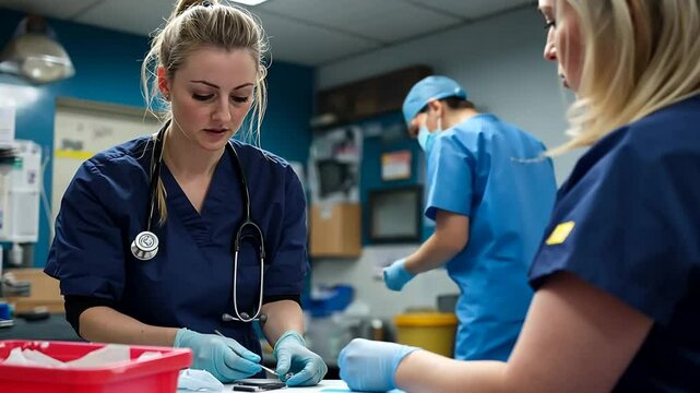 Two Nurses Performing a Medical Procedure in a Hospital Room