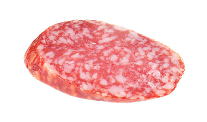 Piece of delicious smoked sausage isolated on white