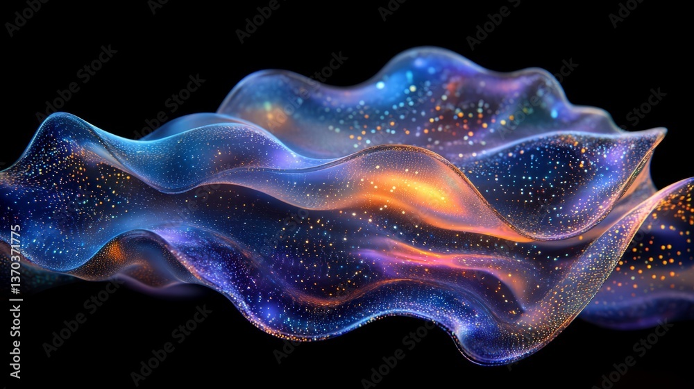 Poster futuristic holographic rendering of a wavy, abstract shape, glowing with iridescent colors that chan