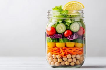 Mason Jar Salad with Cherry Tomatoes, Cucumber, Carrots, Chickpeas, Mixed Greens, and Lemon Wedge, Healthy Layered Vegetables, Fresh Salad, Vegan Meal, Meal Prep
