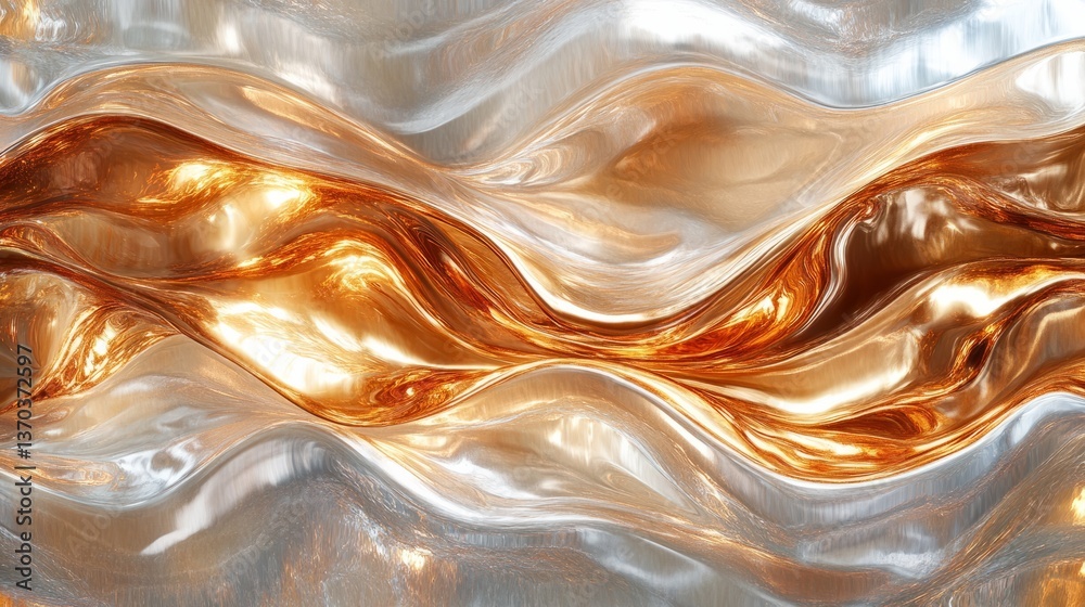 Poster holographic abstract art with undulating wavy shapes in shimmering metallic tones, reflecting light 