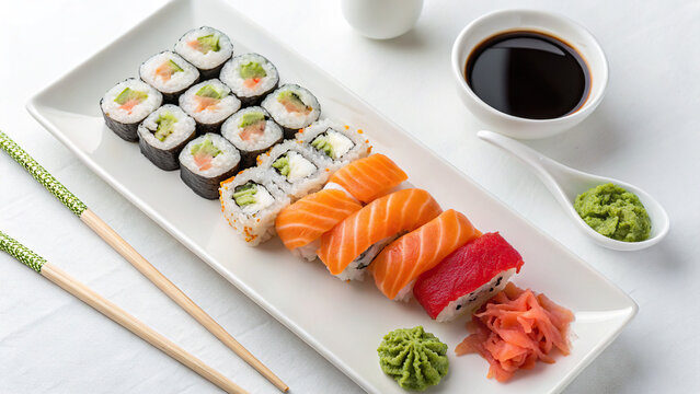 Sushi and rolls, on a white rectangular plate
