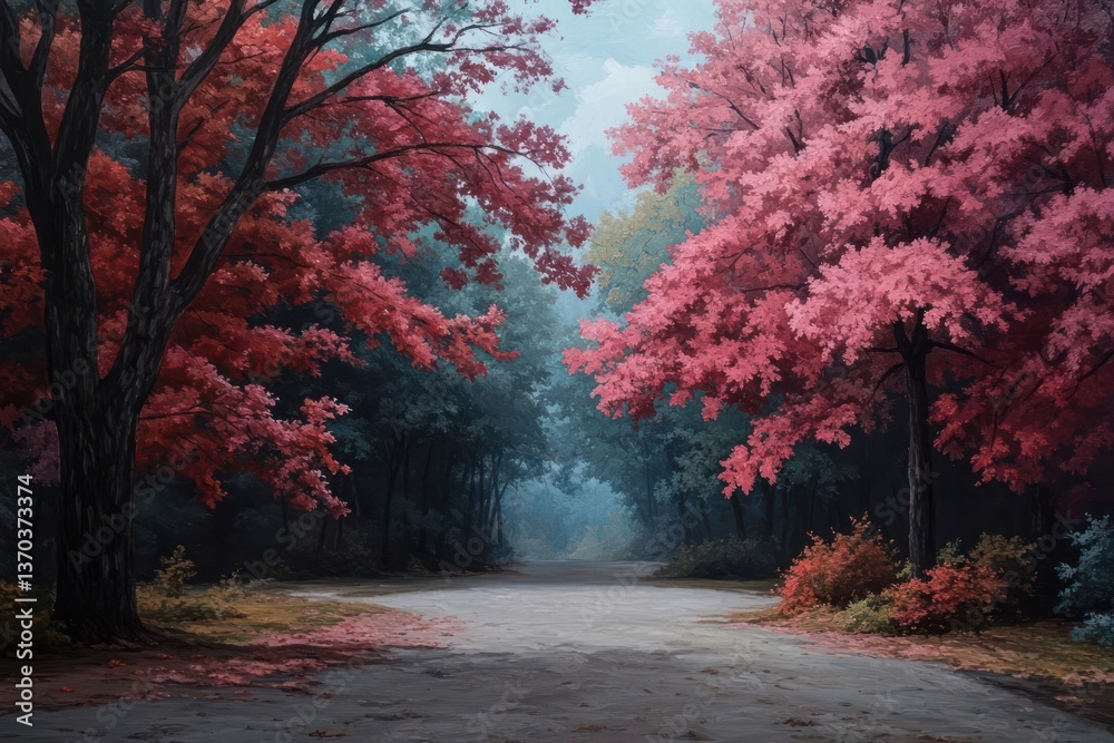 Aufkleber Serene Forest Path With Vibrant Red Pink Trees Leading Into Misty Distance Creating Tranquil Atmosphere