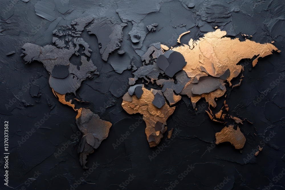 Poster textured world map in black and gold colors on dark background global concept