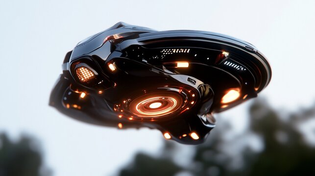 Futuristic Flying Object with Glowing Lights and Sleek Design in Motion