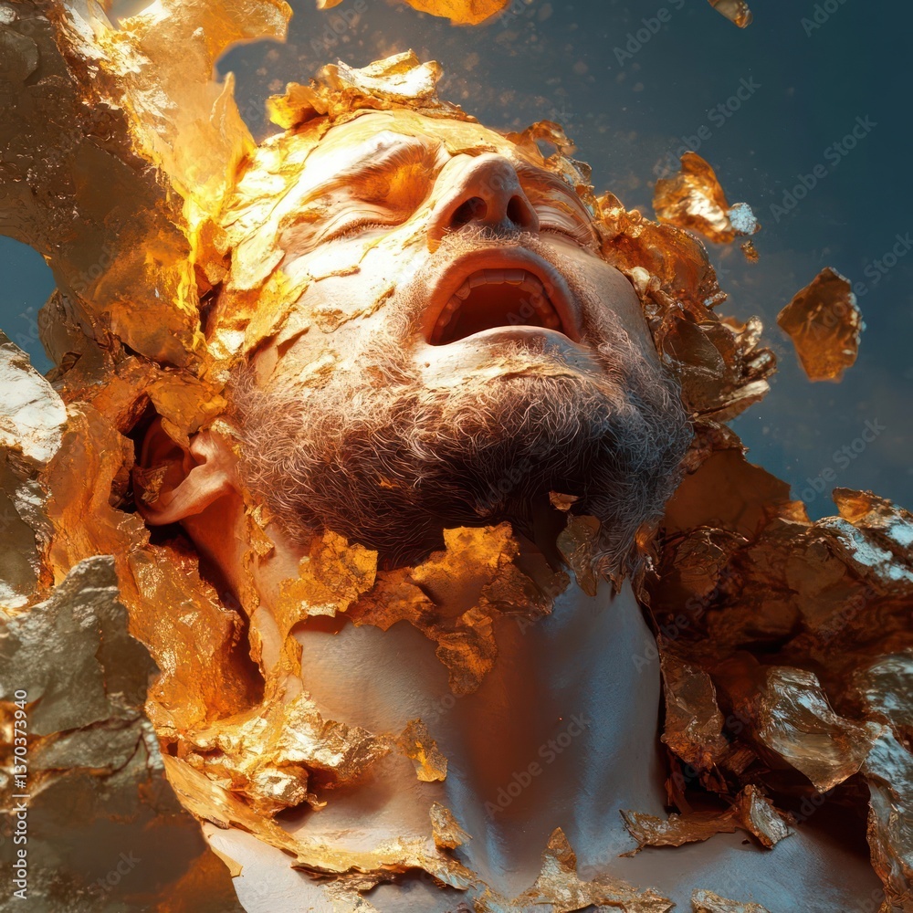 Poster Intense Portrait Of A Man With Beard Exploding Golden Fragments Against Teal Background